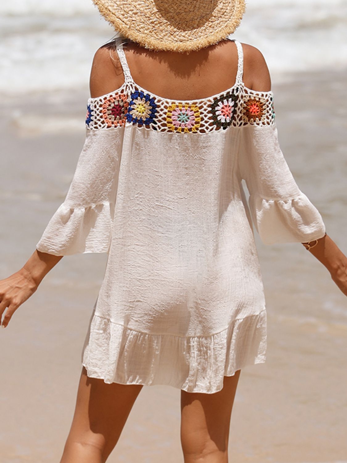 Sunset Vacation  Crochet Cold Shoulder Three-Quarter Sleeve Beach Cover Up Sunset and Swim   