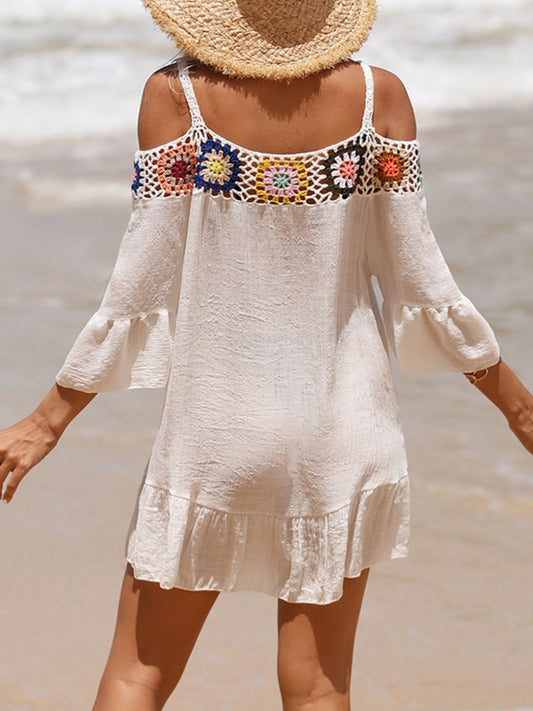 Sunset Vacation  Crochet Cold Shoulder Three-Quarter Sleeve Beach Cover Up  Sunset and Swim   