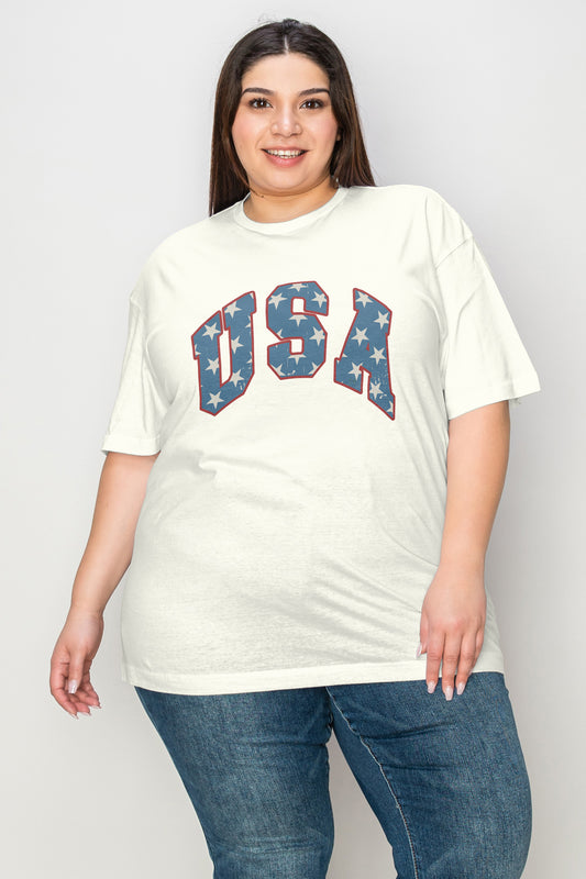 Simply Love Plus Size USA Letter Graphic Short Sleeve T-Shirt Sunset and Swim Cream XS 
