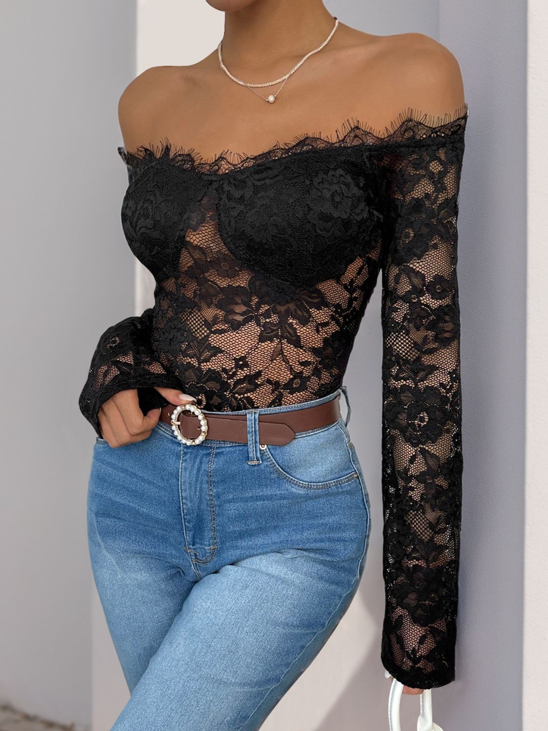 Perfee Lace Off-Shoulder Long Sleeve Bodysuit Sunset and Swim   