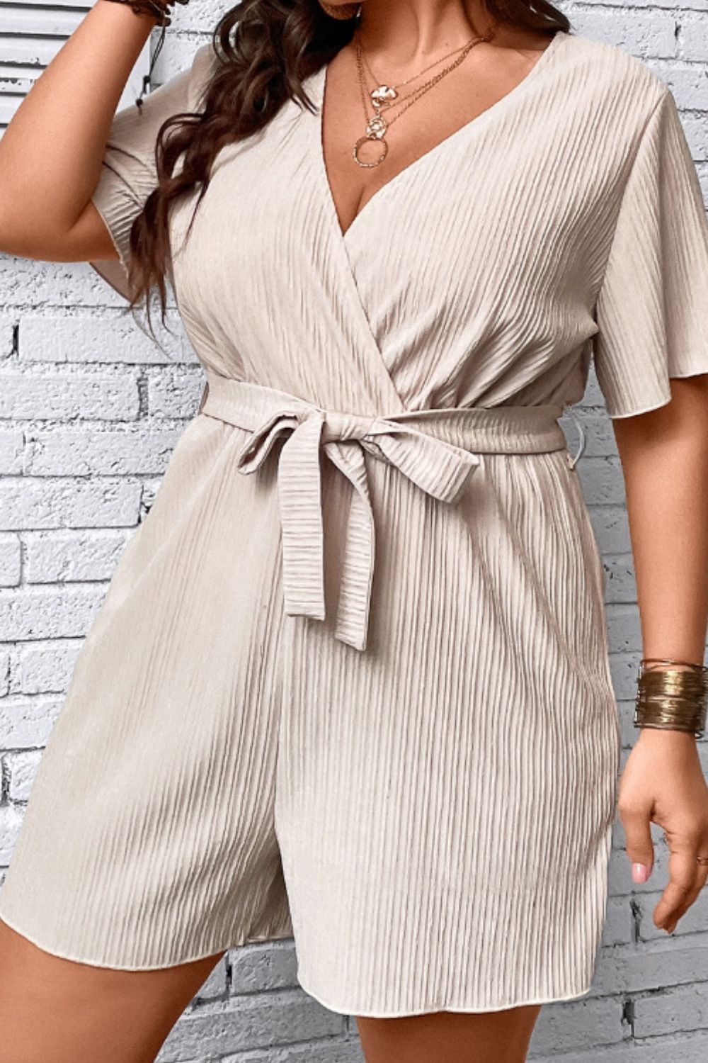 Plus Size Tie Waist Surplice Neck Romper Sunset and Swim   