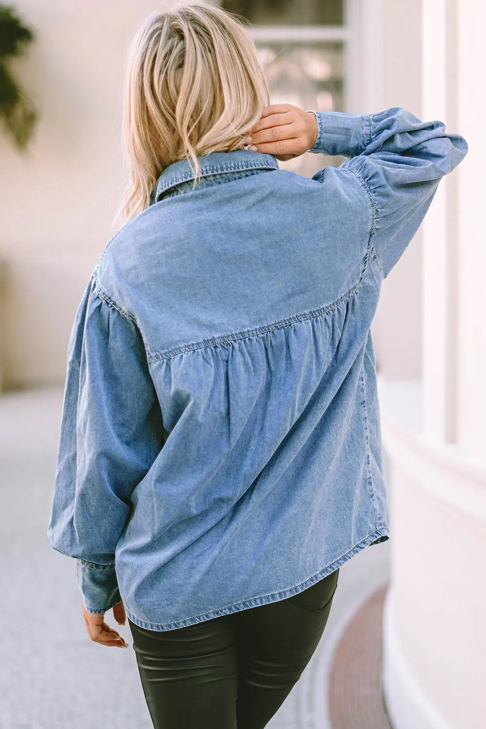 Collared Neck Lantern Sleeve Denim Top Sunset and Swim   