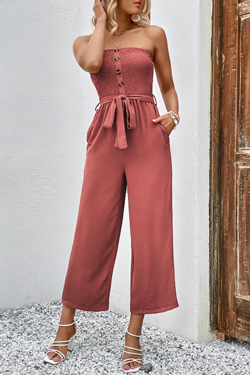 Decorative Button Strapless Smocked Jumpsuit with Pockets Sunset and Swim   