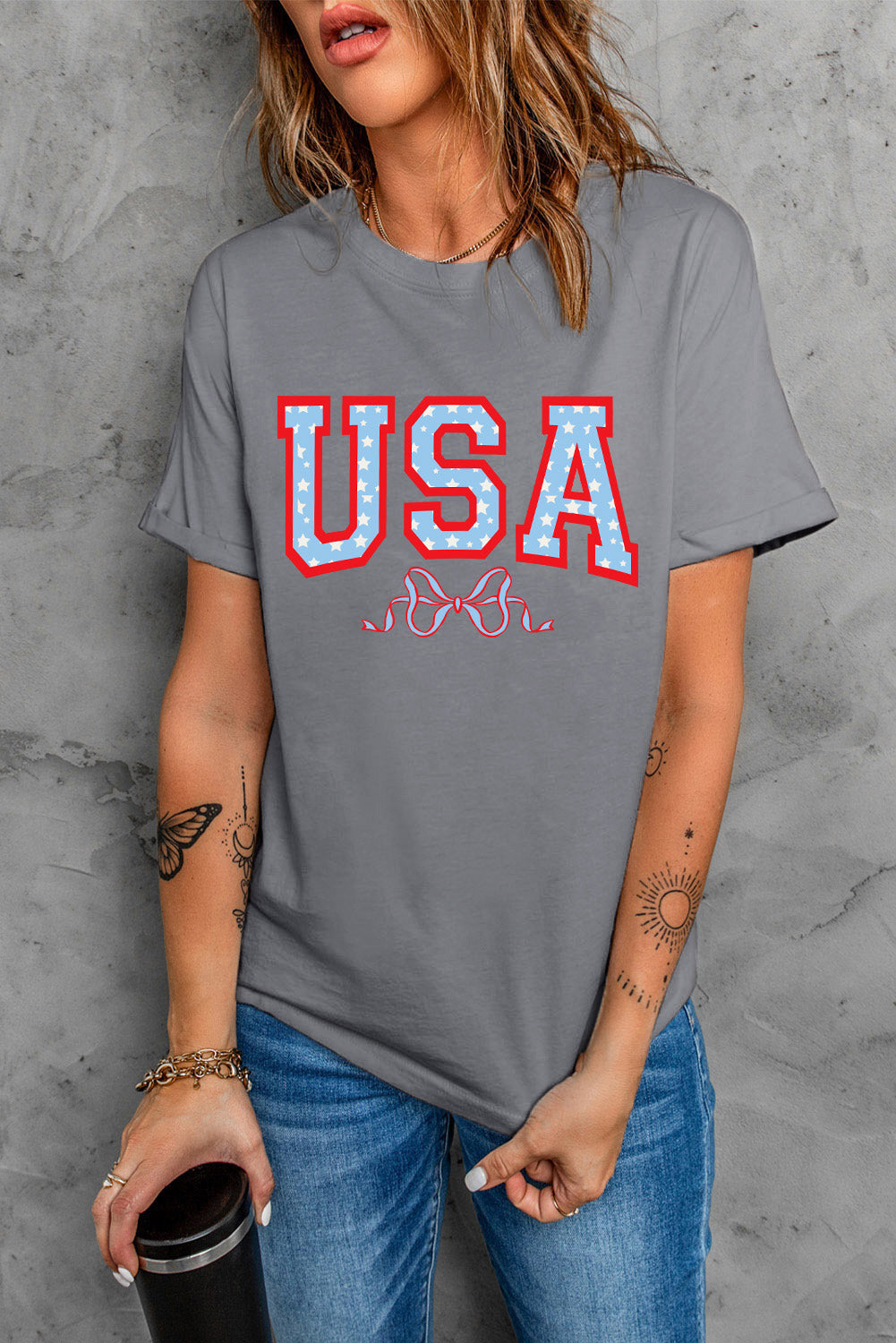 USA Round Neck Short Sleeve T-Shirt Sunset and Swim   