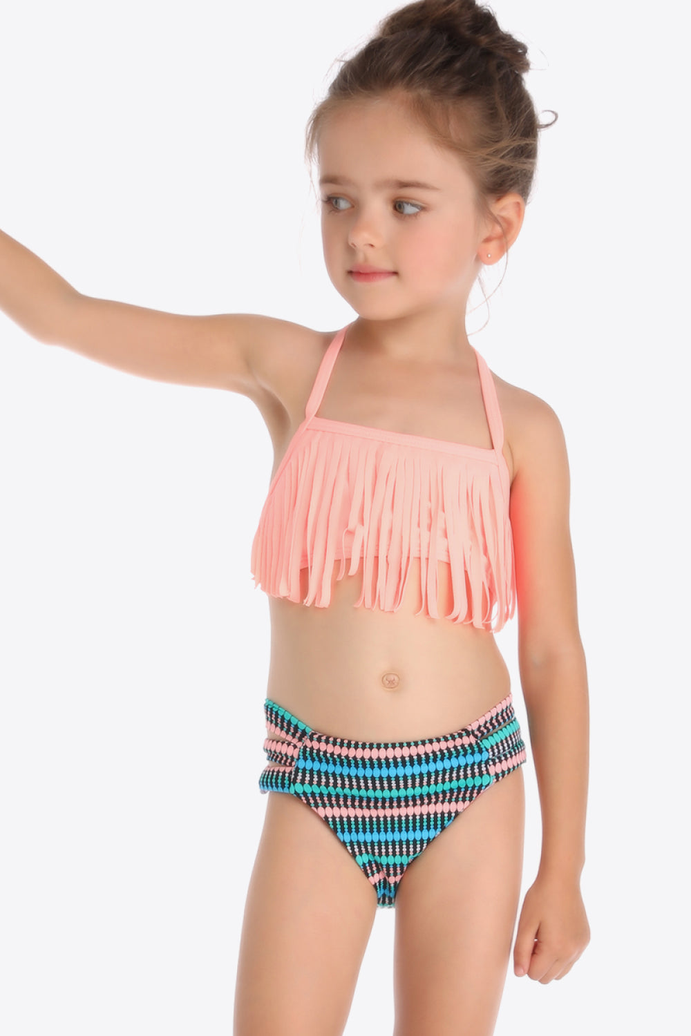 Sunset Vacation  Printed Halter Neck Fringed Two-Piece Swim Set I Kids Swimwear Sunset and Swim Peach 4T 