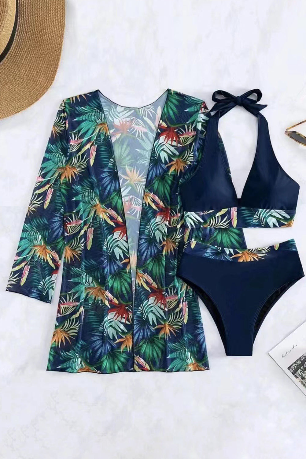 Printed Halter Neck Three-Piece Swim Set Sunset and Swim Black S 