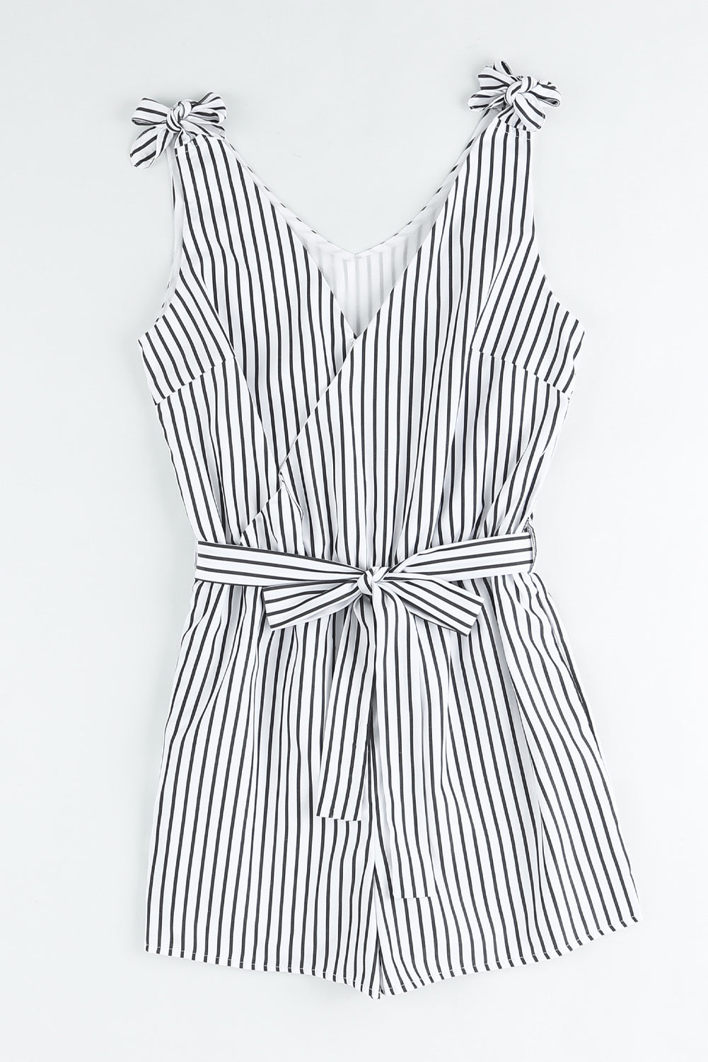 Sunset and Swim Striped Tie-Shoulder Belted Surplice Romper Sunset and Swim White S 