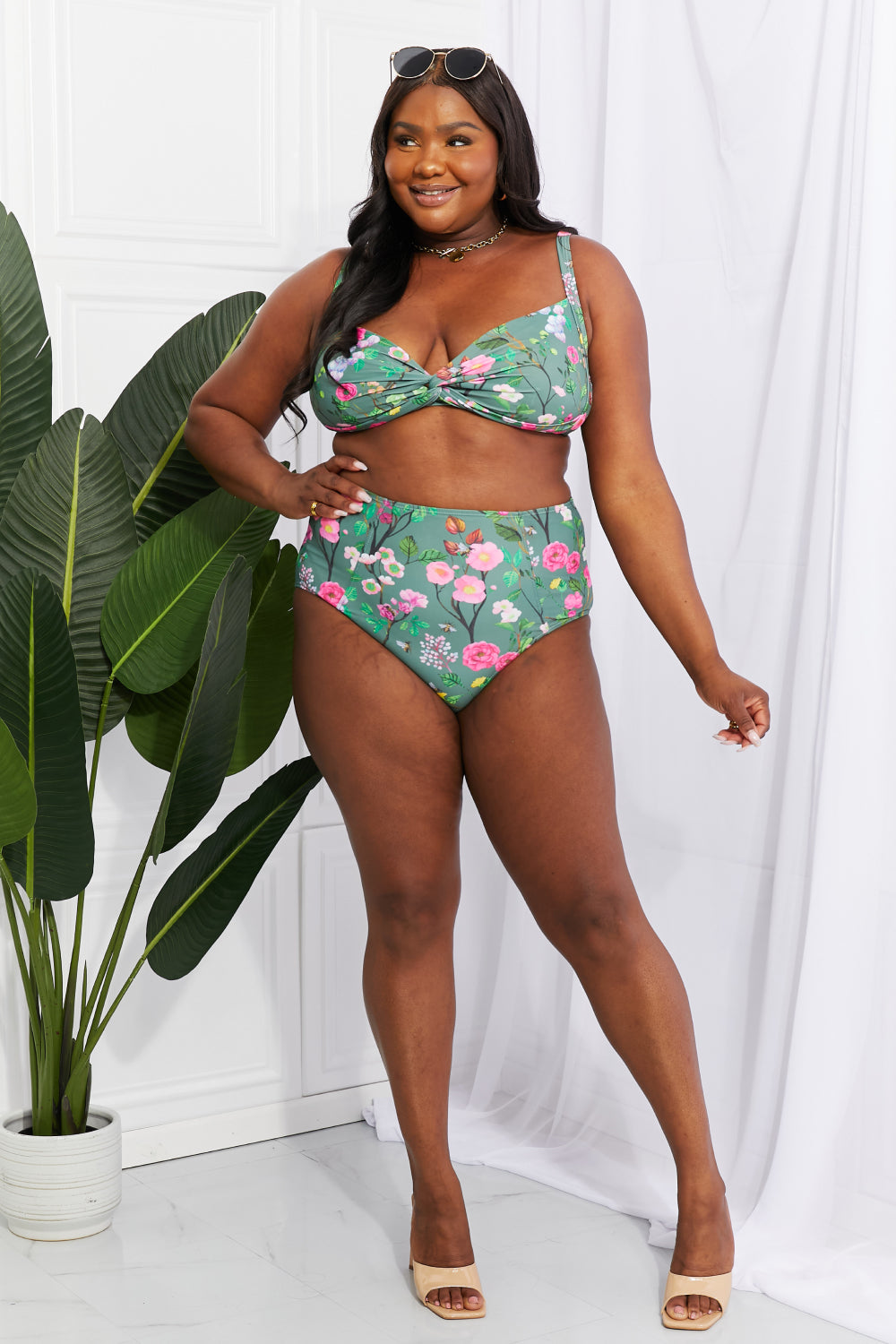 Marina West Swim Take A Dip Twist High-Rise Bikini in Sage Sunset and Swim   