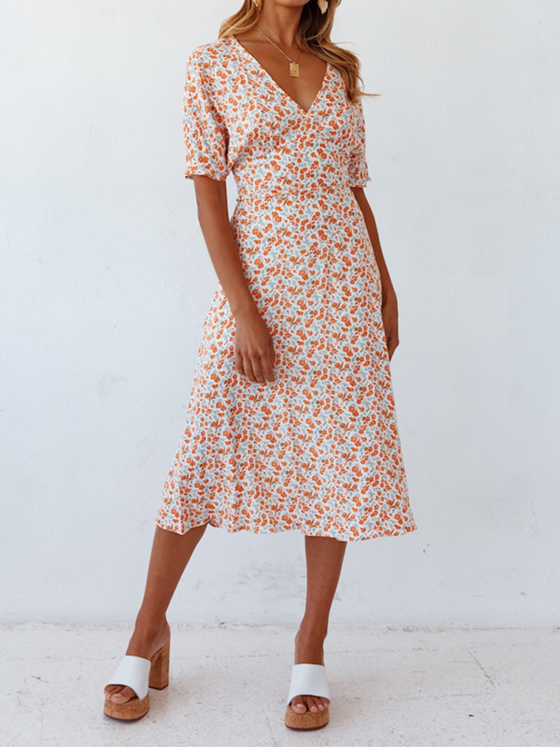 Sunset and Swim  Ditsy Floral V-Neck Short Sleeve Midi Dress Sunset and Swim   