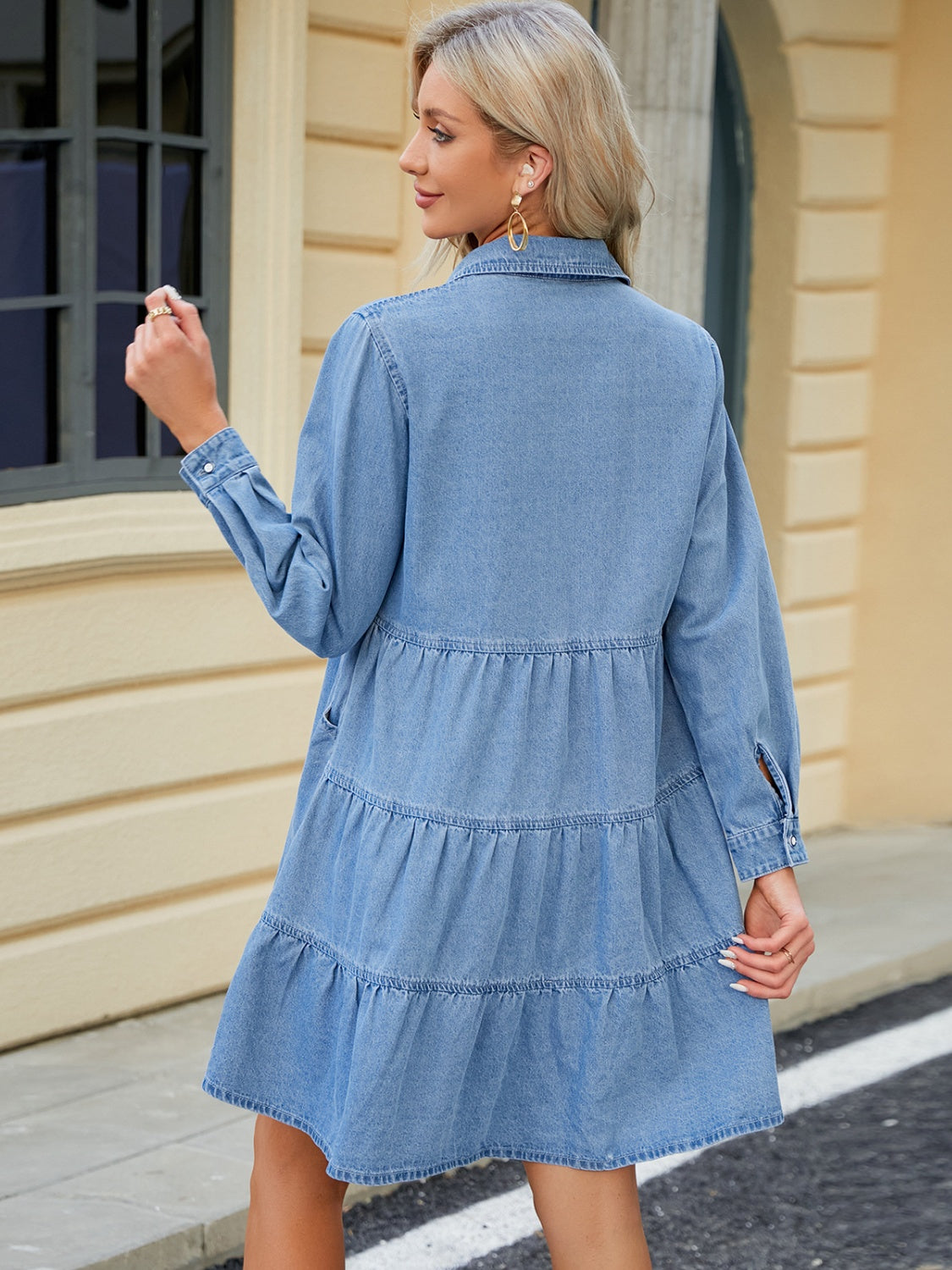 Sunset Vacation Tiered Button Up Long Sleeve Denim Dress Sunset and Swim   