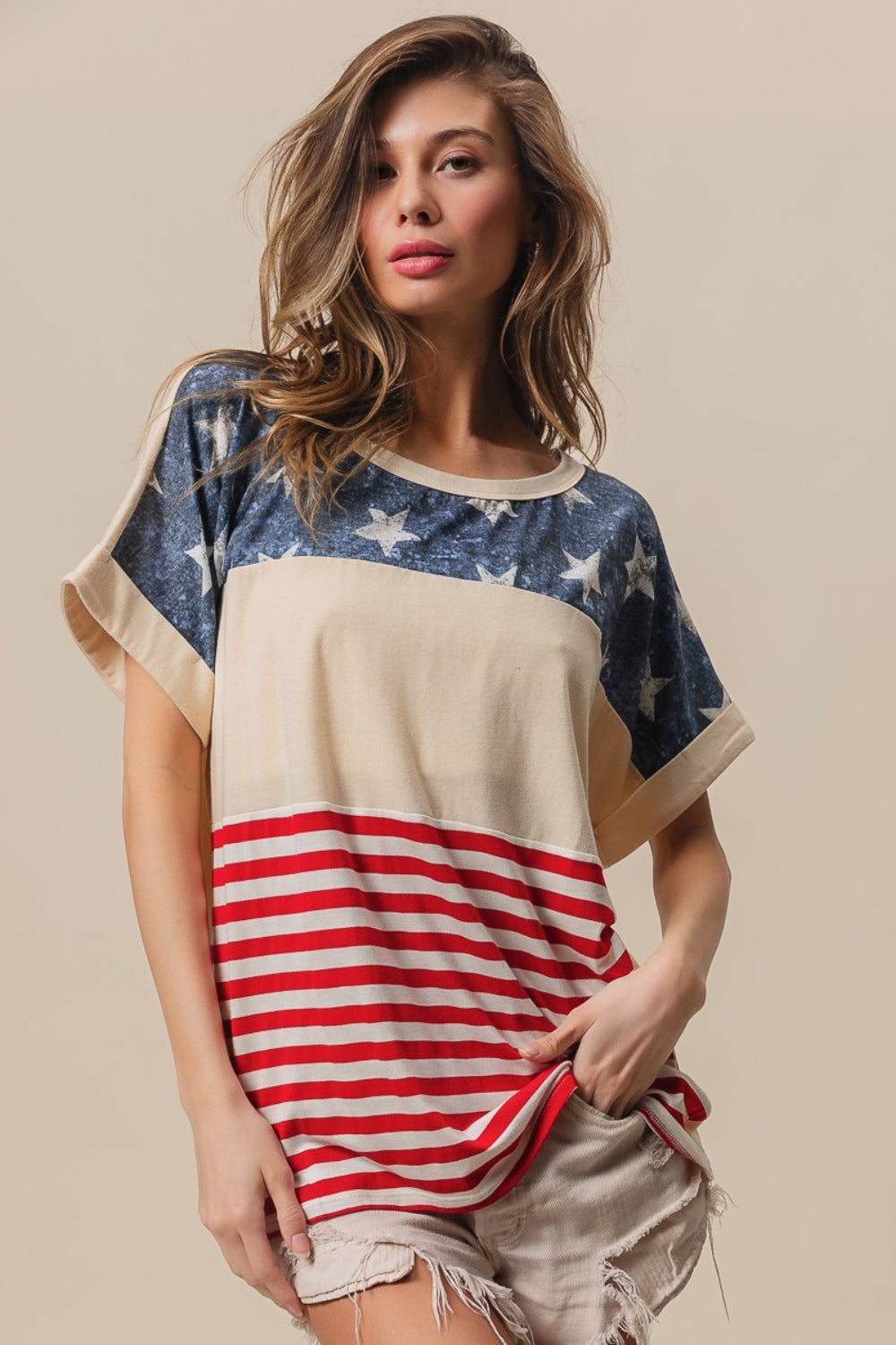 BiBi American Flag Theme Short Sleeve T-Shirt Sunset and Swim   