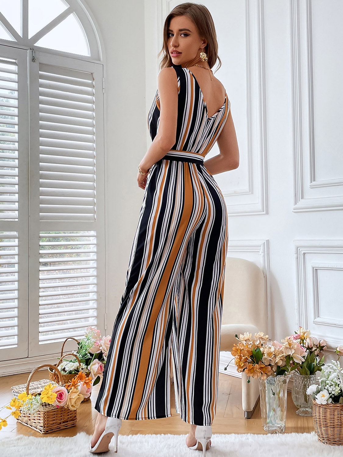 Striped Surplice Neck Sleeveless Wide Leg Jumpsuit Sunset and Swim   