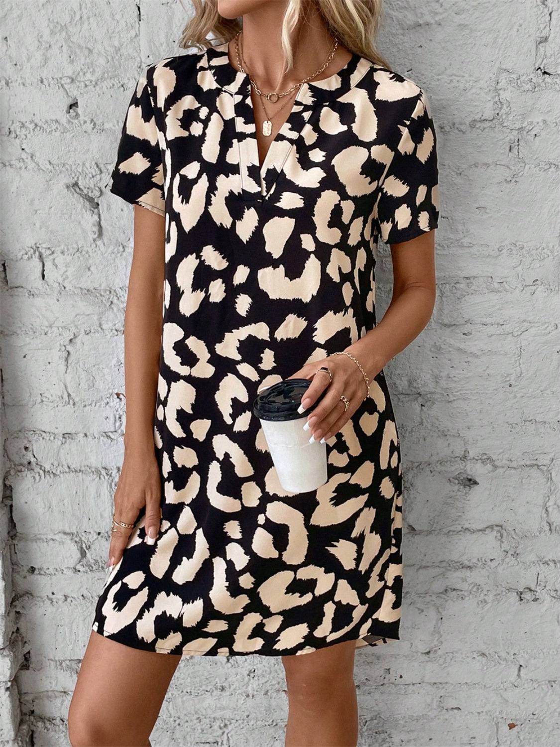 Printed Notched Short Sleeve Mini Dress Sunset and Swim Black S 