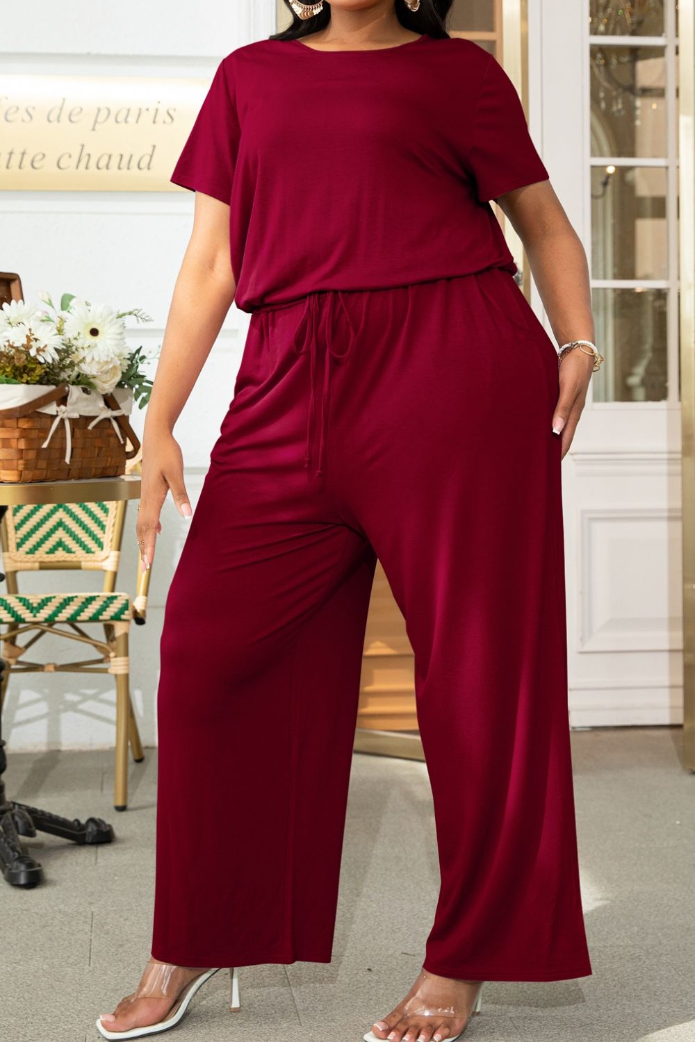 Sunset and Swim Plus Size Drawstring Waist Short Sleeve Jumpsuit Sunset and Swim Wine 0XL 