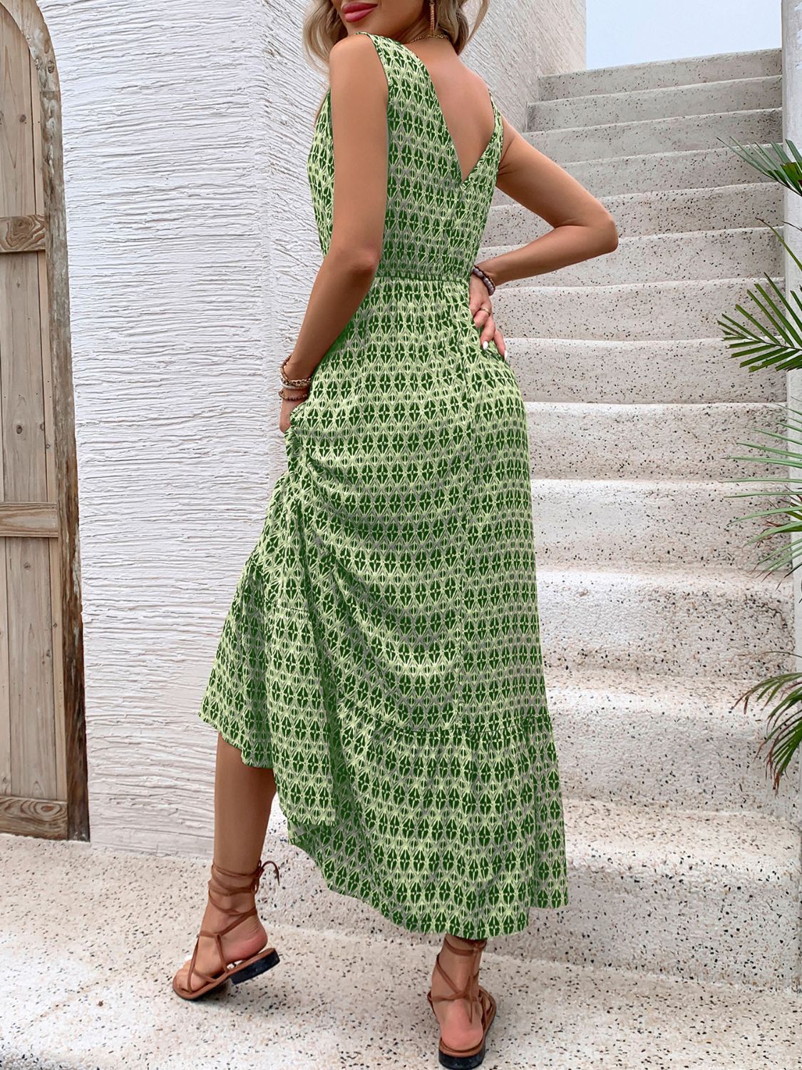 Printed V-Neck Tie Waist Midi Dress Sunset and Swim   