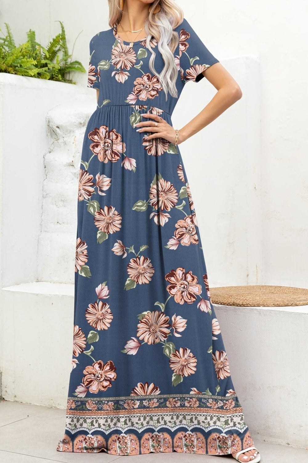 Printed Round Neck Short Sleeve Maxi Dress Sunset and Swim   