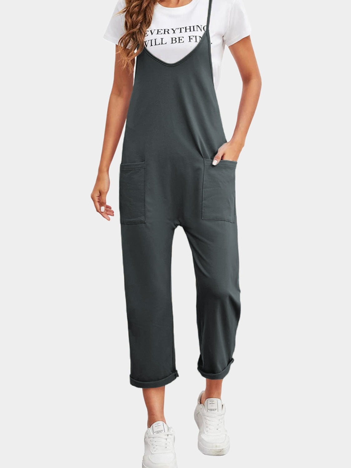 Full Size Spaghetti Strap Straight Leg Jumpsuit with Pockets  Sunset and Swim Charcoal S 