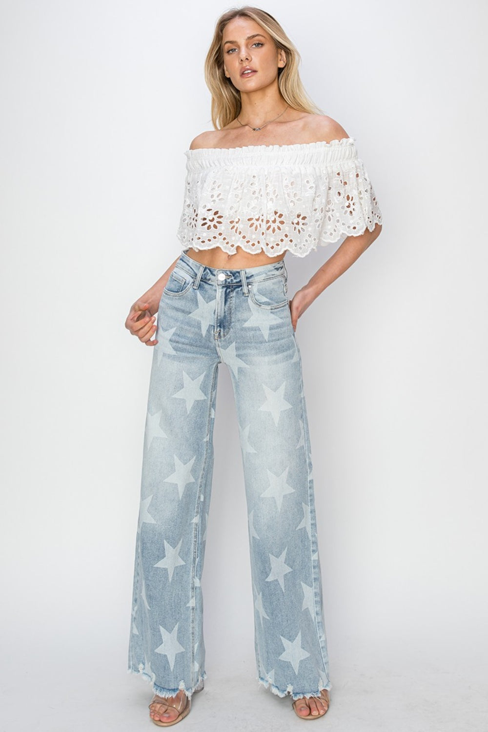 RISEN Plus Size Raw Hem Star Wide Leg Jeans Sunset and Swim   