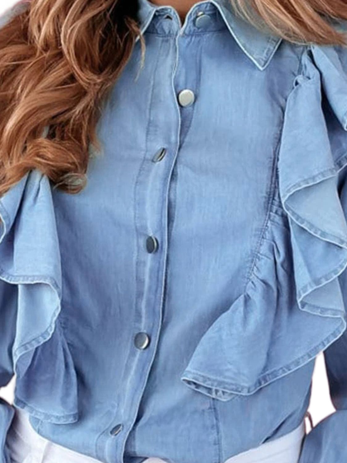 Ruffled Button Up Long Sleeve Denim Top Sunset and Swim   