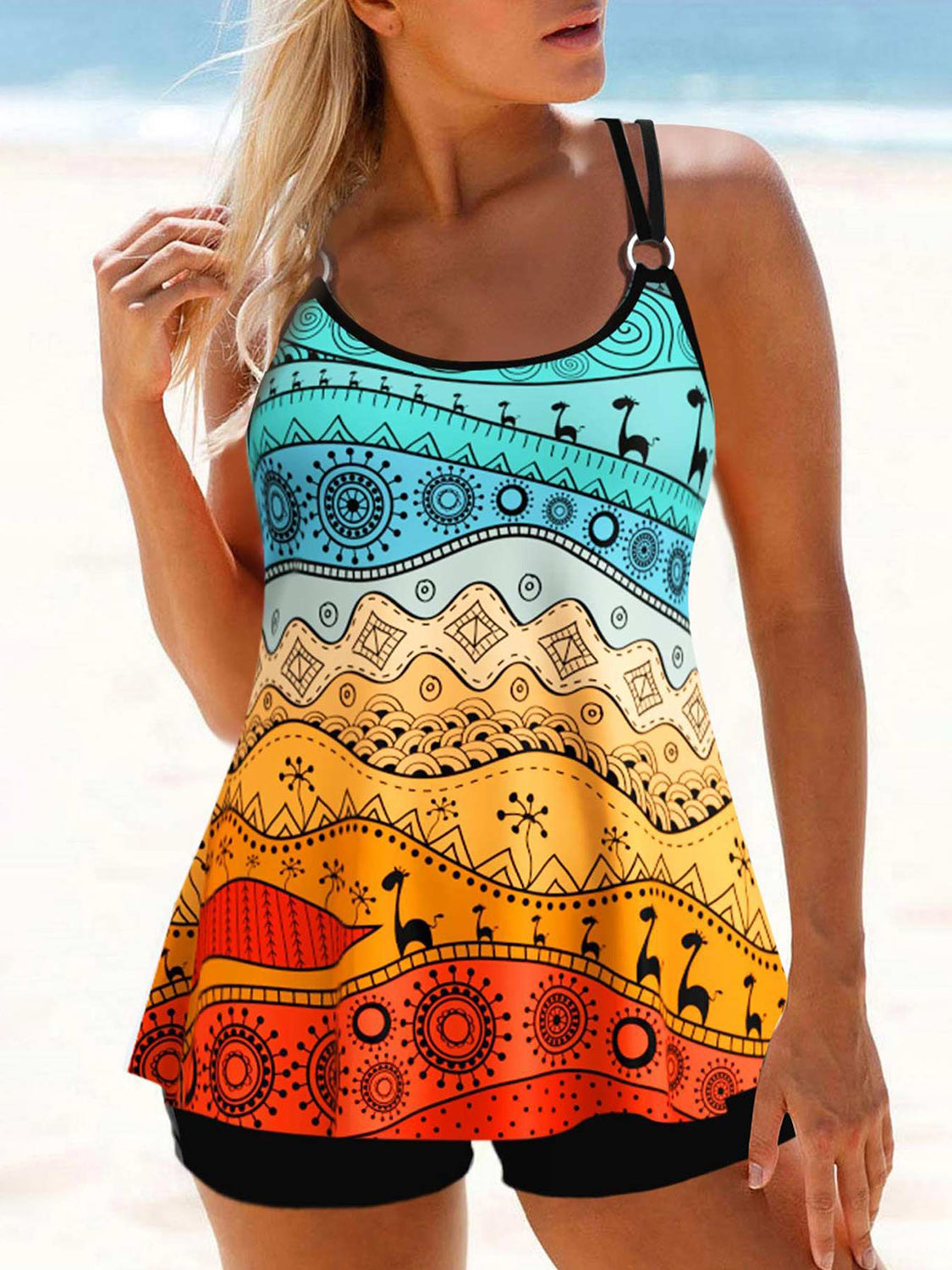 Sunset Vacation Printed Round Neck Two-Piece Swim Set Sunset and Swim Multicolor S 