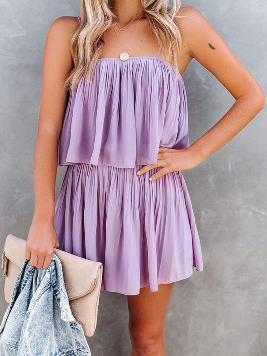 Sunset Vacation  Ruched Spaghetti Strap Romper  Sunset and Swim Lilac S 