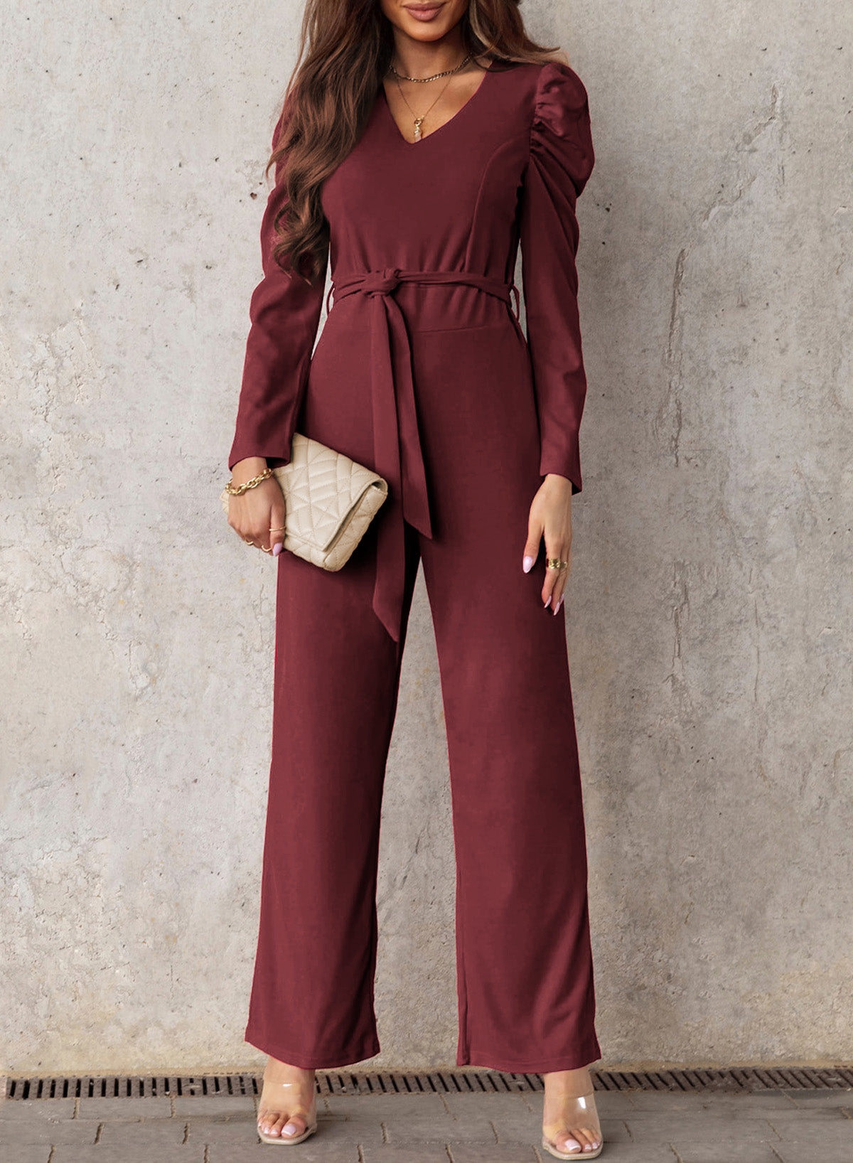 Sunset and Swim Belted Long Puff Sleeve V-Neck Jumpsuit Sunset and Swim Wine S 