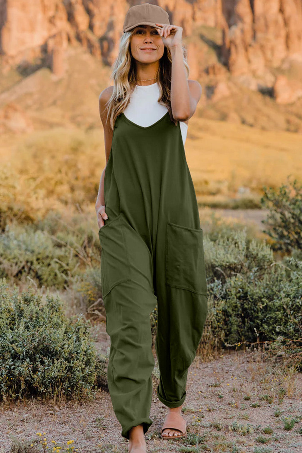 V-Neck Sleeveless Jumpsuit with Pocket Sunset and Swim Army Green S 