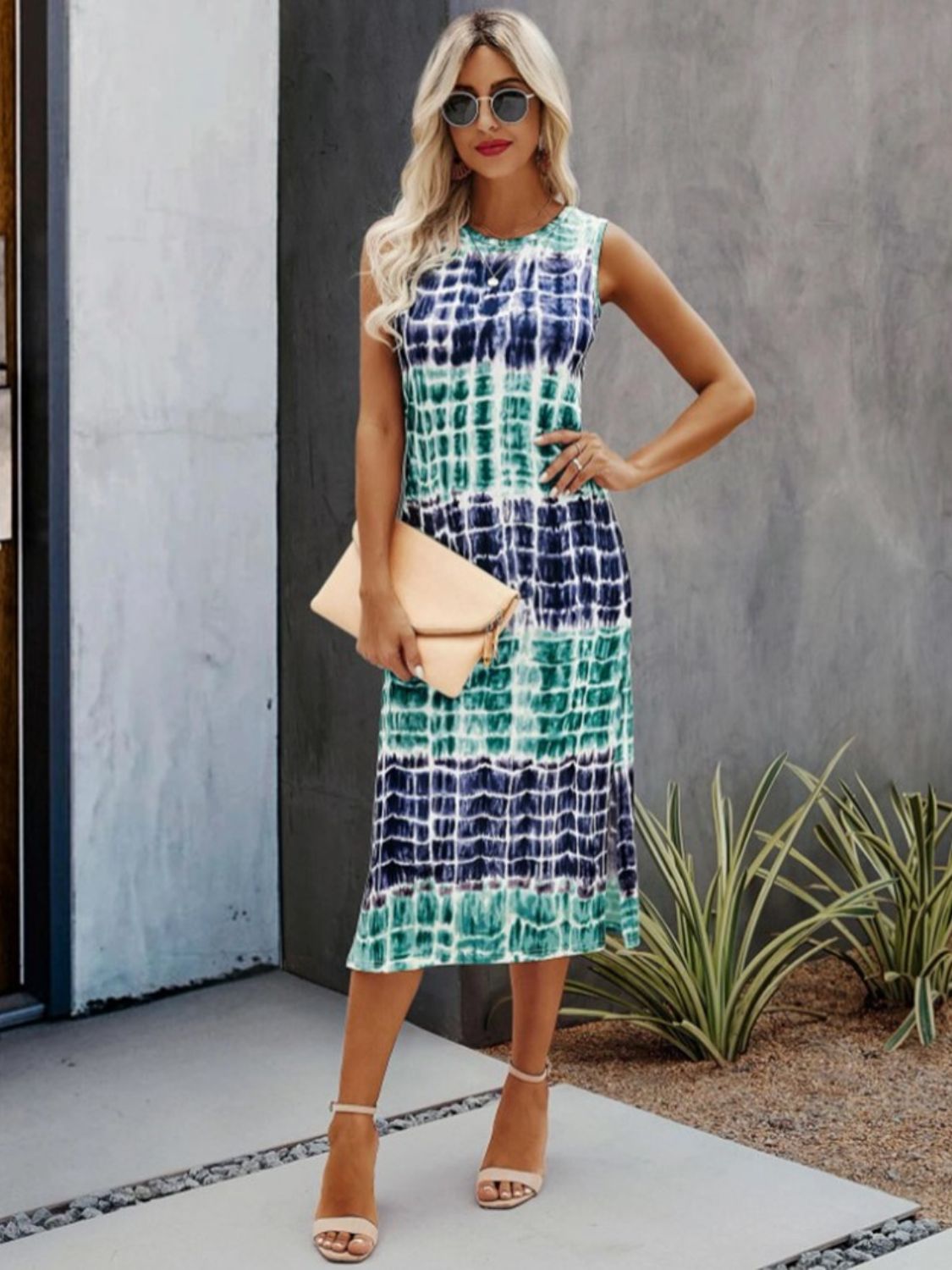 Slit Printed Round Neck Sleeveless Dress Sunset and Swim   