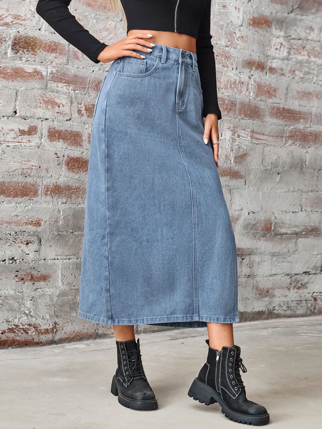 Slit High Waist Denim Skirt with Pockets Sunset and Swim   