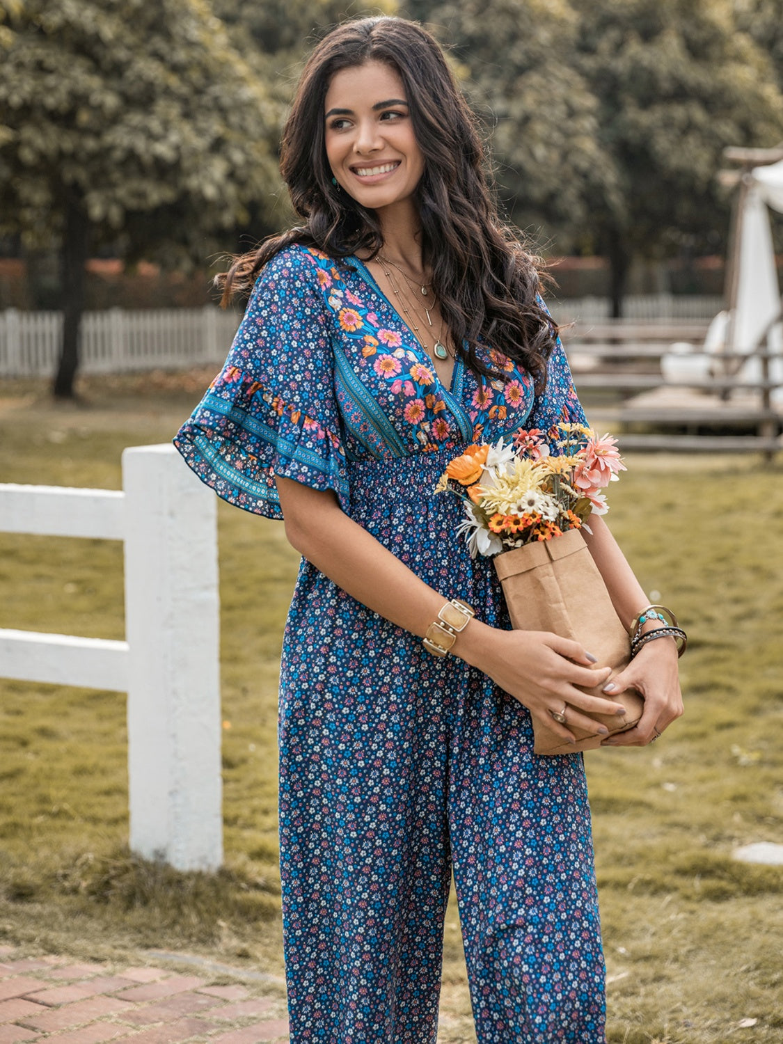 Floral Surplice Flutter Sleeve Jumpsuit Sunset and Swim   