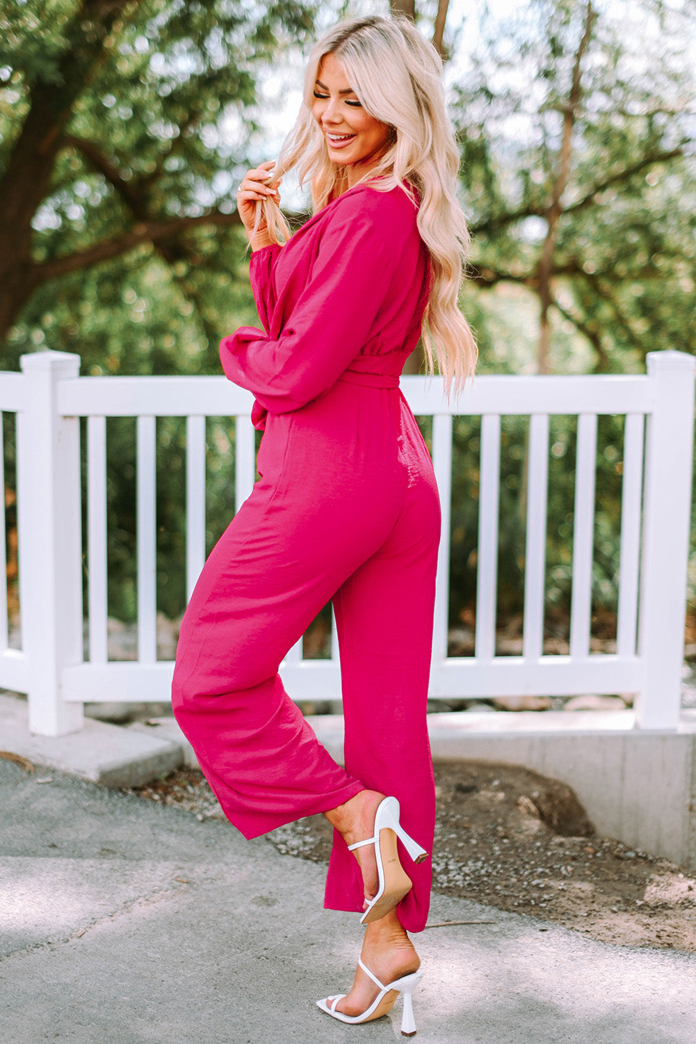 Belted V-Neck Wide Leg Jumpsuit Sunset and Swim   