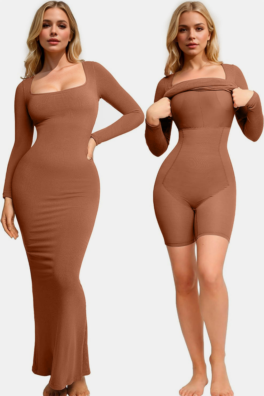 Basic Bae Built-In Shapewear Square Neck Long Sleeve Maxi Dress Sunset and Swim Caramel S 