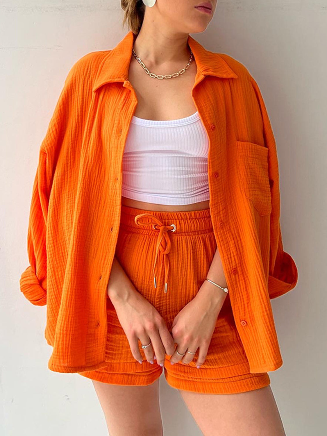 Sunset Vacation  Texture Button Up Shirt and Drawstring Shorts Set Sunset and Swim Orange S 