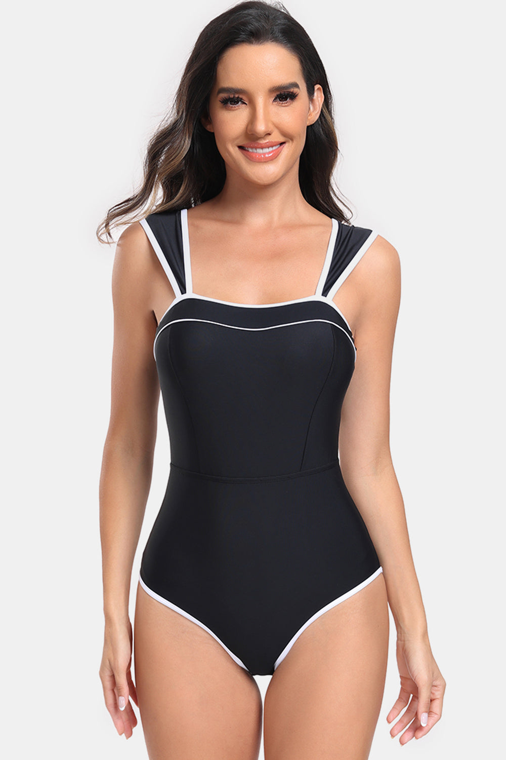 Sunset Vacation  Contrast Trim Wide Strap One-Piece Swimwear Sunset and Swim Black S 