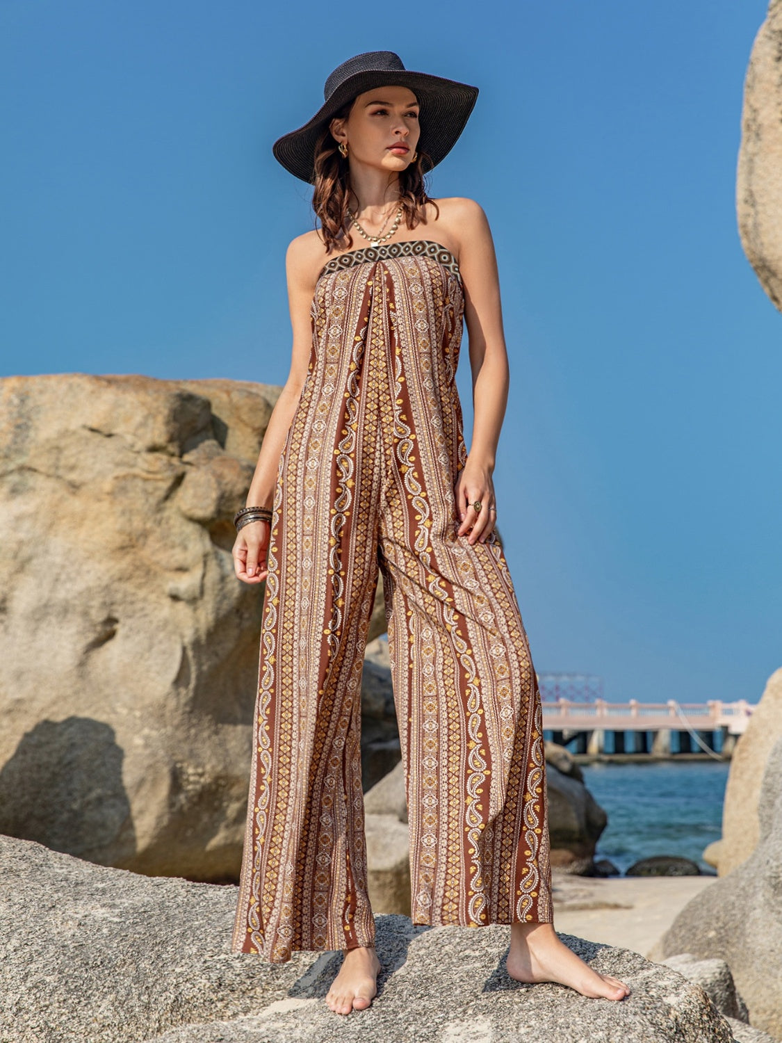 Sunset and Swim  Tied Printed Tube Wide Leg Jumpsuit Sunset and Swim Camel S 