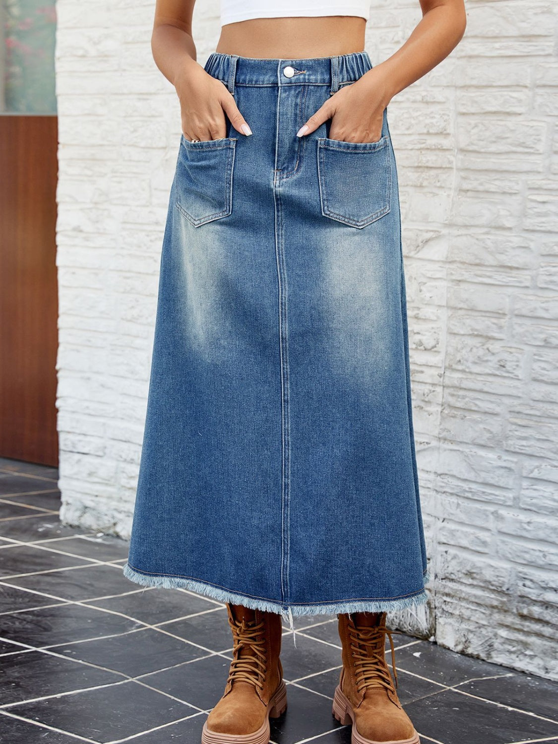 Raw Hem Buttoned Denim Skirt with Pockets  Sunset and Swim   