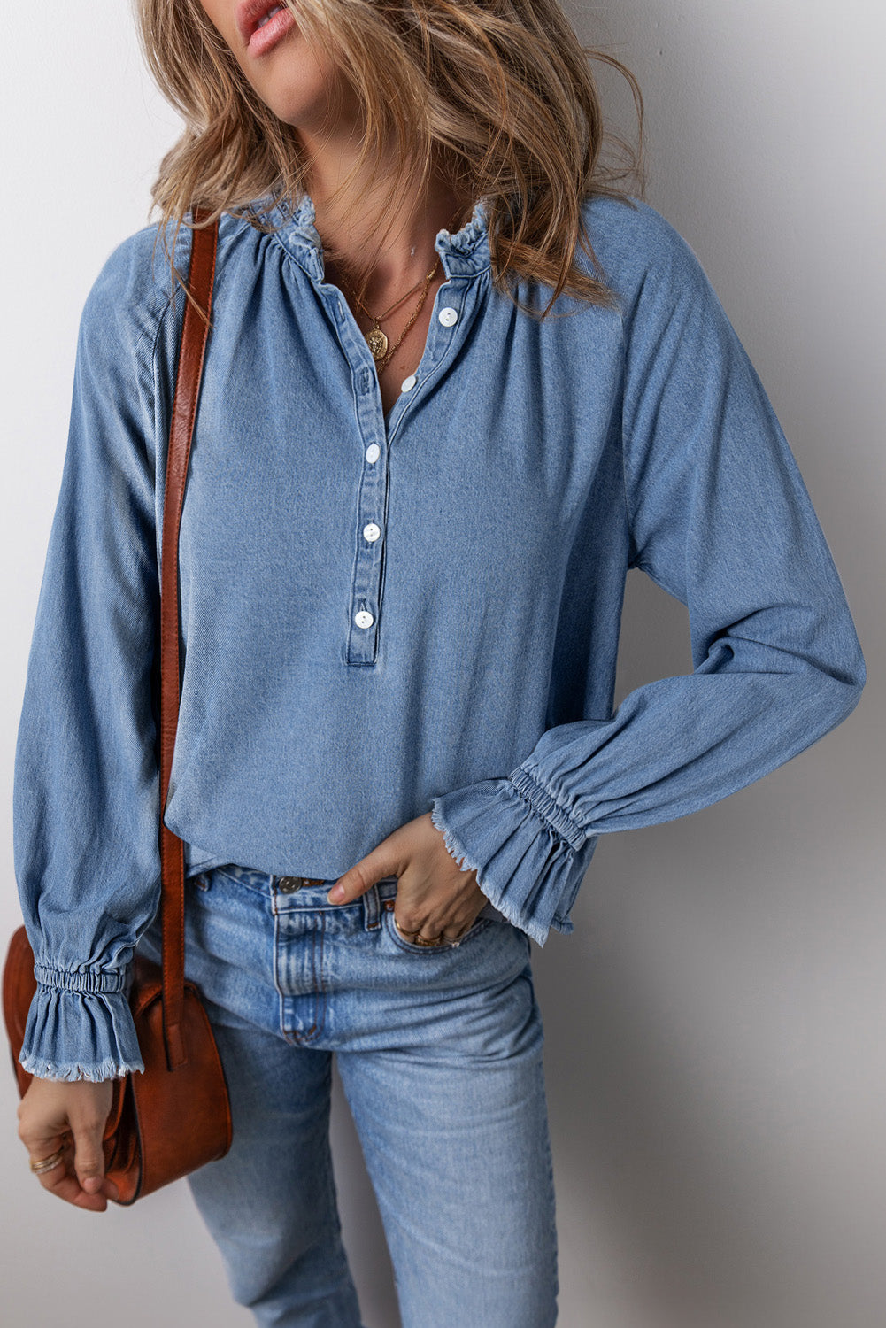 Half Button Long Sleeve Denim Top Sunset and Swim   