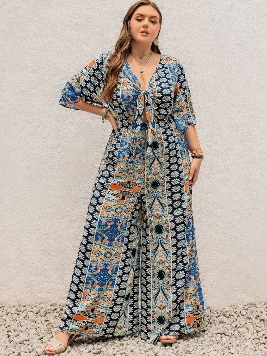 Sunset Vacation Plus Size Printed Half Sleeve Wide Leg Jumpsuit Sunset and Swim   