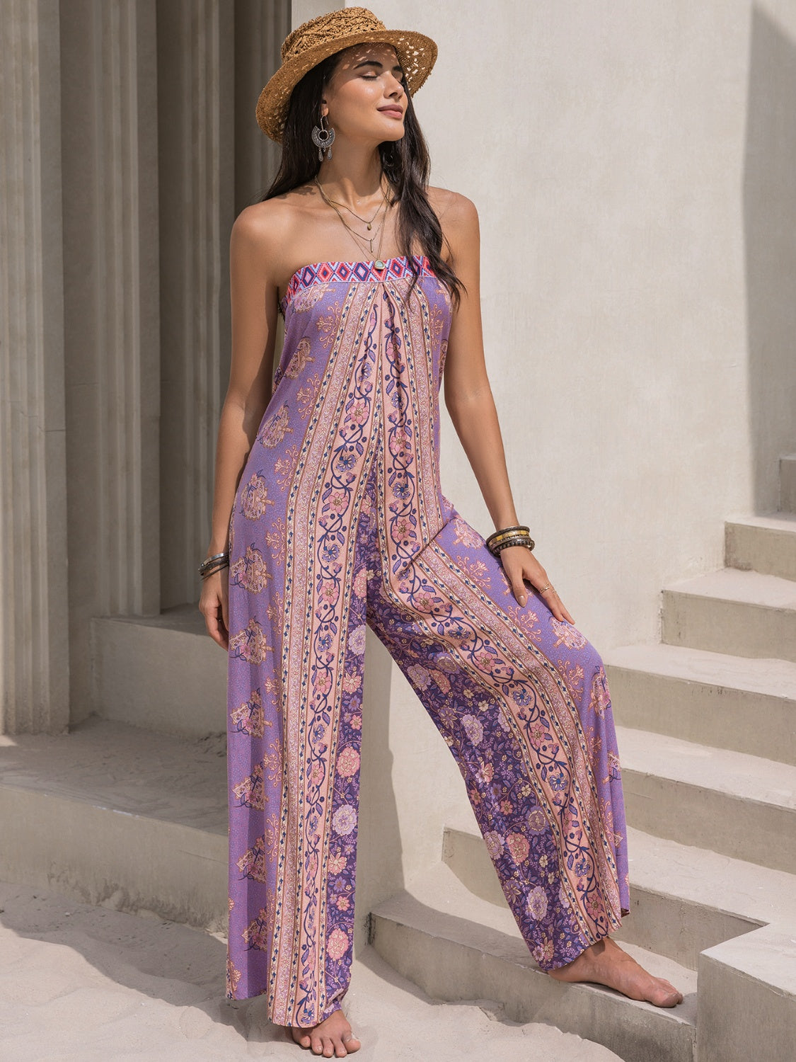 Sunset and Swim  Tied Printed Tube Wide Leg Jumpsuit Sunset and Swim   