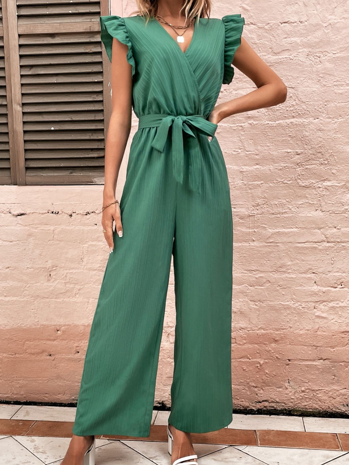 Ruffled Surplice Cap Sleeve Jumpsuit Sunset and Swim Dark Green S 