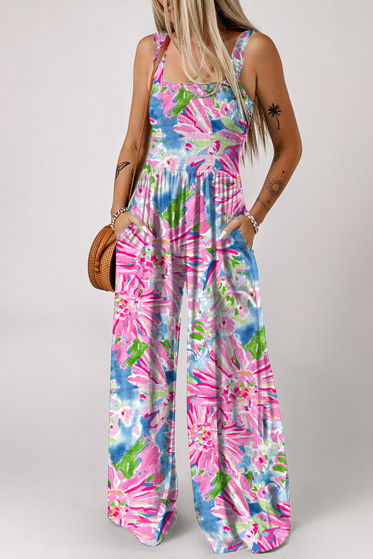 Floral Smocked Square Neck Jumpsuit with Pockets Sunset and Swim Floral S 