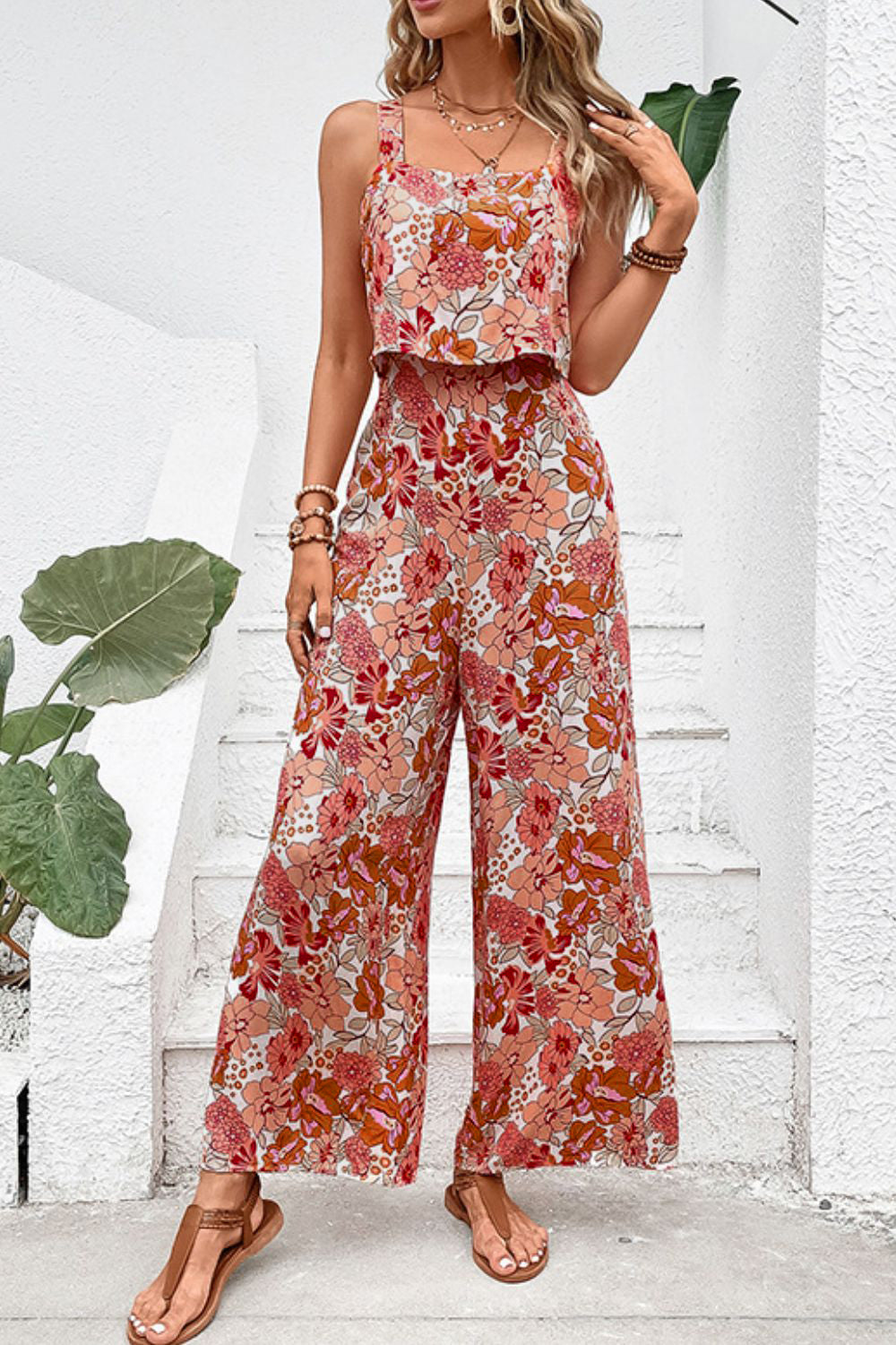 Floral Square Neck Sleeveless Jumpsuit Sunset and Swim Floral S 