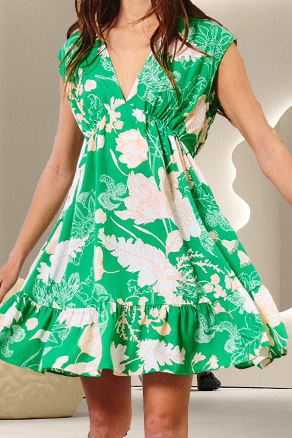 Sunset Vacation Ruffle Hem Printed V-Neck Sleeveless Dress Sunset and Swim Neon Green S 