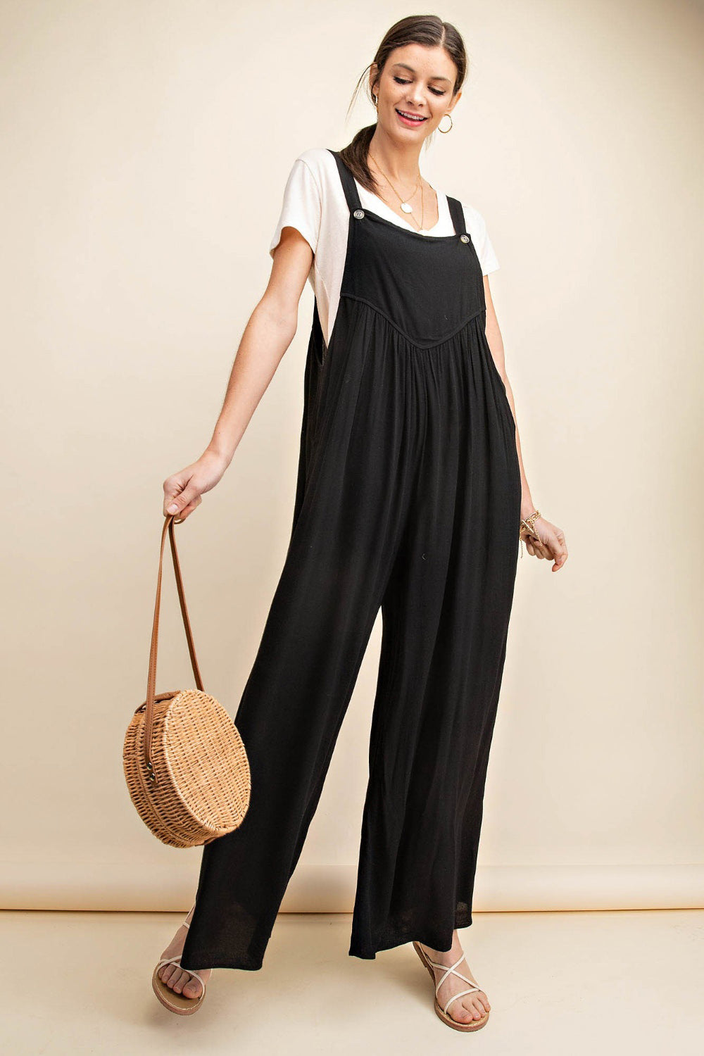 Sunset and Swim  Kori America Plus Size Sleeveless Ruched Wide Leg Overalls Sunset and Swim Black S 