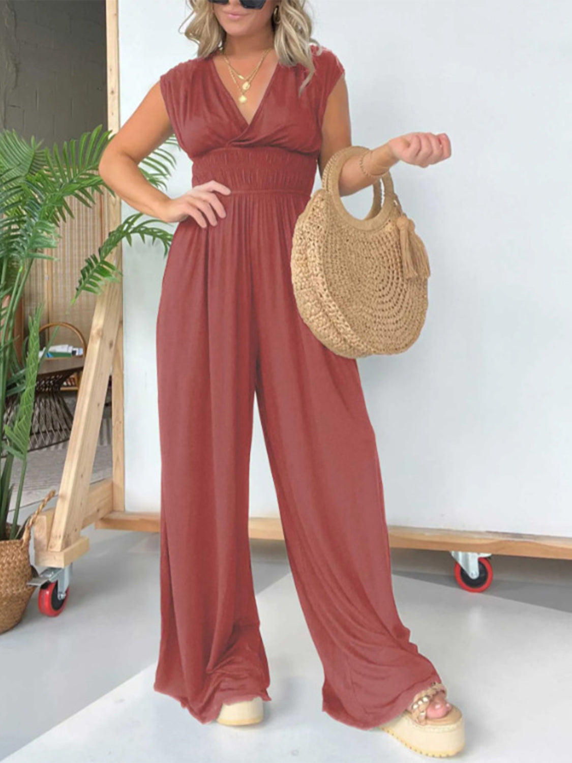 Smocked Cap Sleeve Wide Leg Jumpsuit Sunset and Swim   