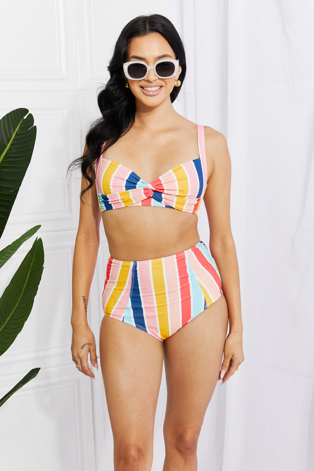 Marina West Swim Take A Dip Twist High-Rise Bikini in Stripe Sunset and Swim Stripe S 