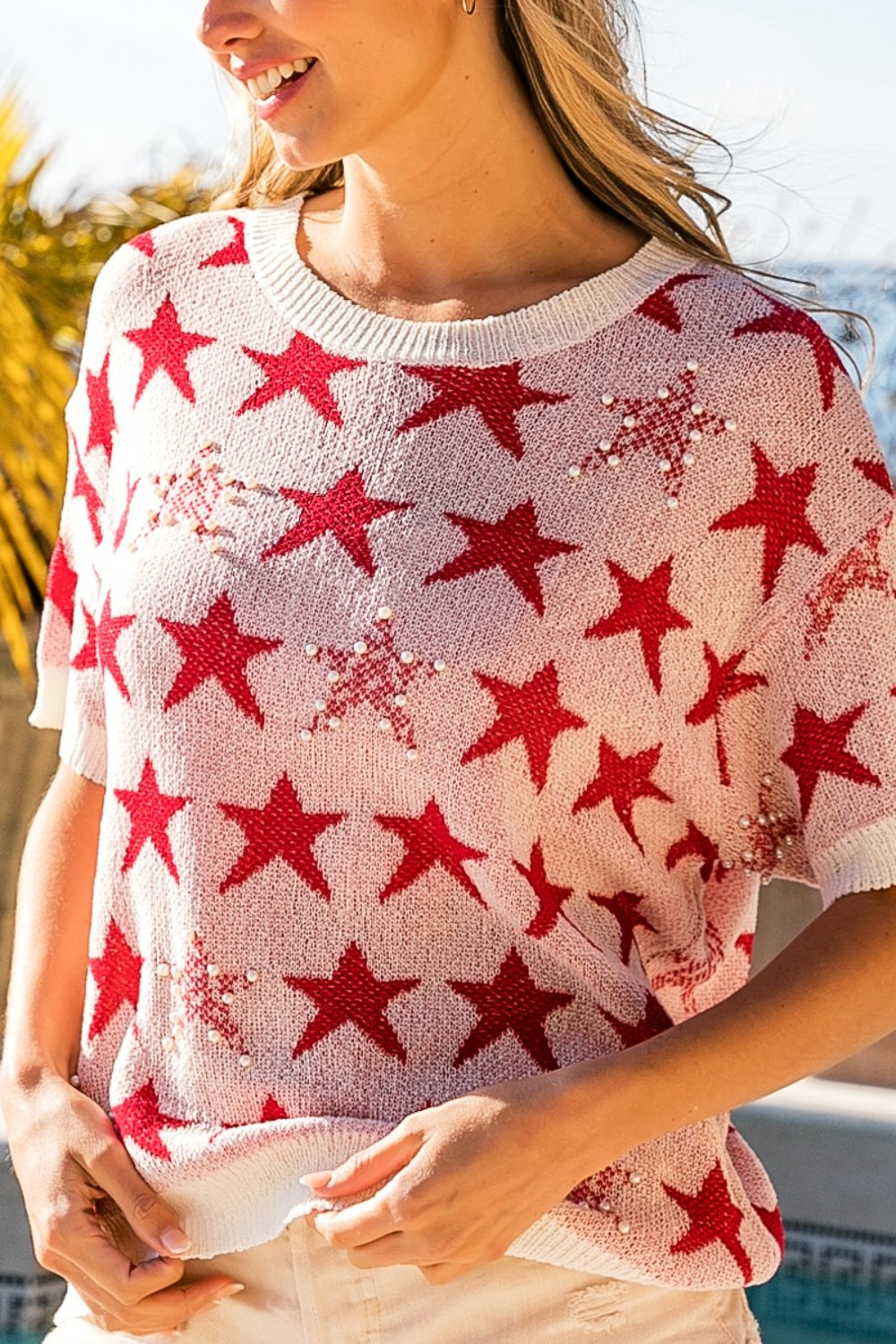 BiBi Star Pattern Round Neck Short Sleeve Knit Top Sunset and Swim   