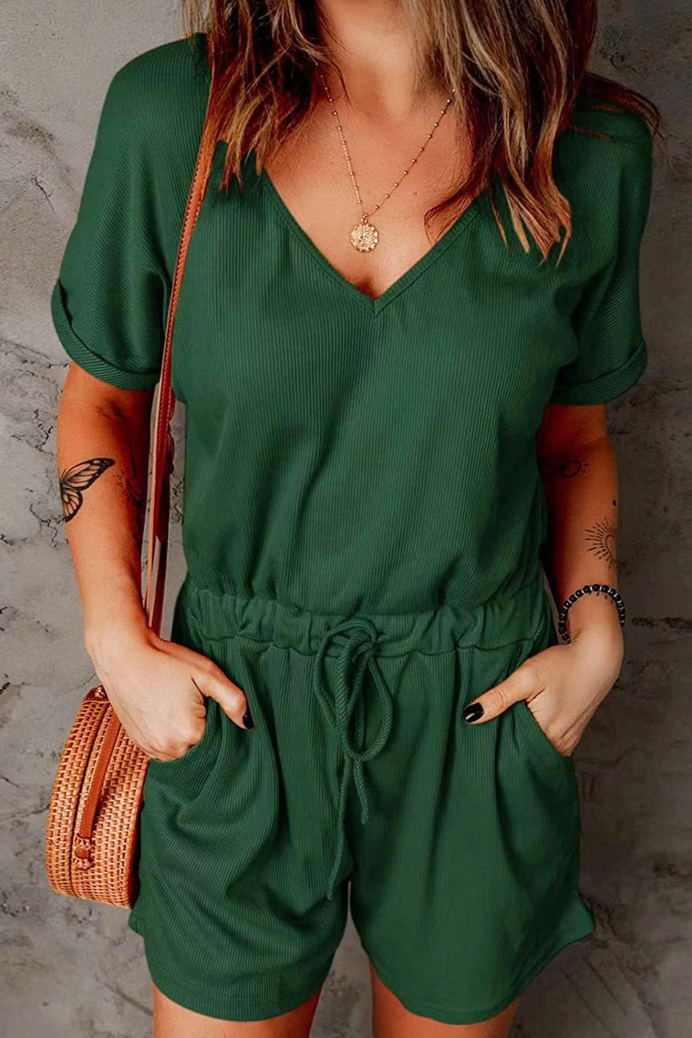 Plus Size Drawstring V-Neck Short Sleeve Romper Sunset and Swim Green S 