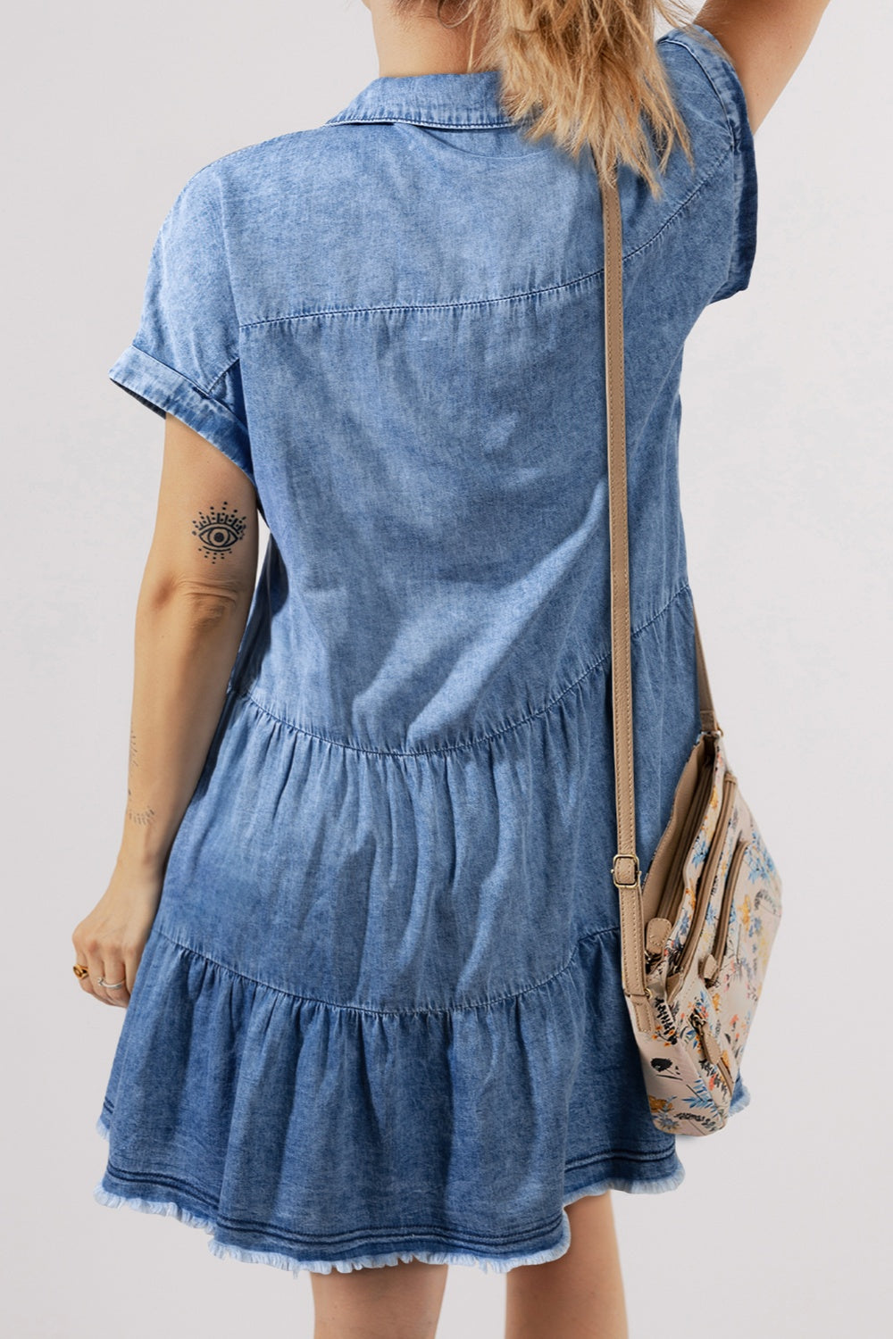 Raw Hem Collared Neck Short Sleeve Denim Dress Sunset and Swim   