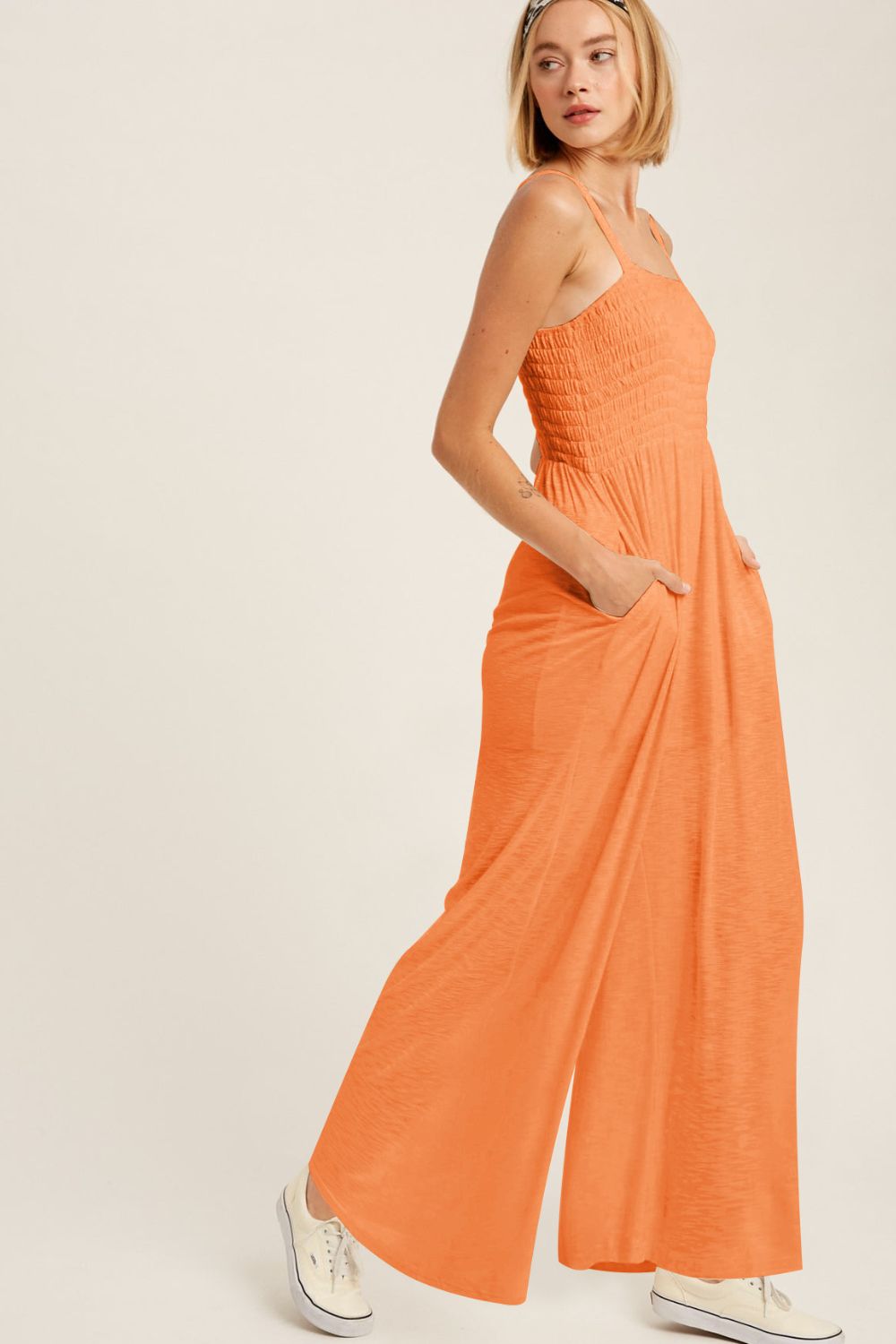 Smocked Square Neck Wide Leg Jumpsuit with Pockets Sunset and Swim Tangerine S 